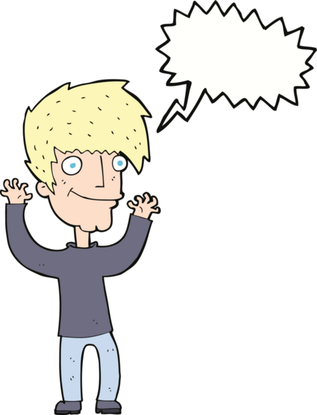 Bir insan tarafından çizilmiş konuşma baloncuğuyla kollarını sallayan çizgi film adamı.