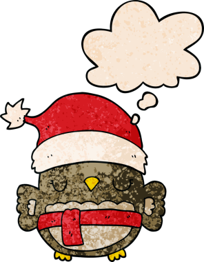 Bir insan tarafından çizilmiş grunge desenli düşünce baloncuğu olan şirin noel baykuşu.