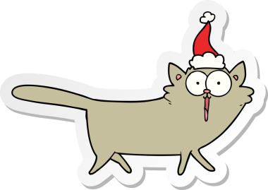 Bir insan tarafından çizilmiş Noel Baba şapkası takan bir kedinin el yazısı.