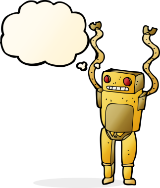 Bir insan tarafından çizilmiş düşünce baloncuklu komik robot.