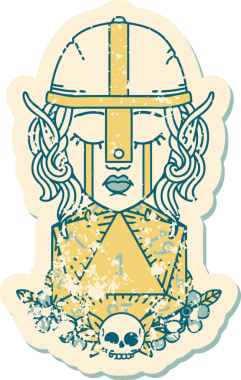 Retro Tattoo Tarzı Üzgün Elf Savaşçısı Karakteri Bir insan tarafından çizilmiş d20 ruloyla