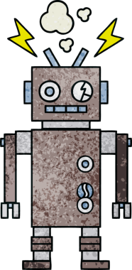 Bir insan tarafından çizilmiş arızalı bir robotun retro grunge desen karikatürü
