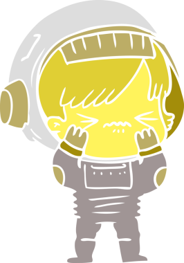 Düz renkli çizgi film çizen uzay kızı bir insan tarafından çiziliyor.