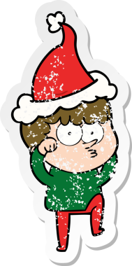 Bir insan tarafından çizilmiş Noel Baba şapkası takan, inançsızlıkla gözlerini ovuşturan meraklı bir çocuğun el çizimi çıkartması.