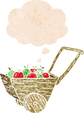 Düşünce baloncuklu çizgi film elma arabası bir insan tarafından çizilmiş dertli retro dokuma tarzı