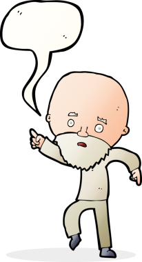 Çizgi film endişeli yaşlı adam bir insan tarafından çizilmiş konuşma balonuyla işaret ediyor.