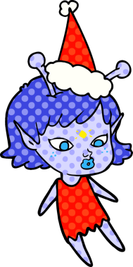 Güzel bir el çizimi çizgi roman tarzı Noel Baba şapkası giyen uzaylı bir kızın bir insan tarafından çizilmiş resmi.