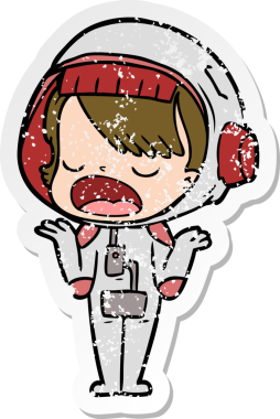 Bir insan tarafından çizilmiş sıkıntılı bir karikatür çıkartması konuşan astronot.