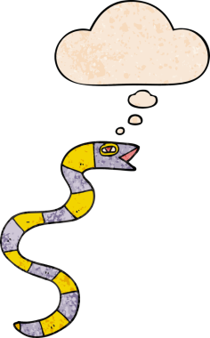 Bir insan tarafından çizilmiş grunge desenli düşünce baloncuklu çizgi film yılanı.