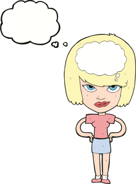 Bir insan tarafından çizilmiş düşünce baloncuğuyla düşünen çizgi film kadını.