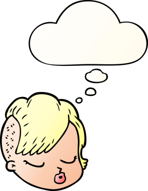 Bir insan tarafından çizilmiş, düşünce baloncuklu çizgi film kadın yüzü.