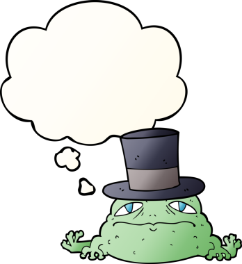 Çizgi film karakurbağası. Düşünce baloncuğu insan tarafından çizilmiş.