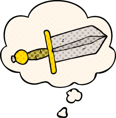 Çizgi roman tarzında bir insan tarafından çizilmiş düşünce baloncuklu çizgi film hançeri.