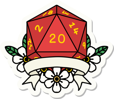 Bir insan tarafından çizilmiş 20 kritik vuruşluk D20 zar etiketi.