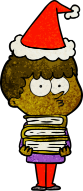 Bir insan tarafından çizilmiş Noel Baba şapkası giyen meraklı bir çocuğun el çizimi karikatürü.