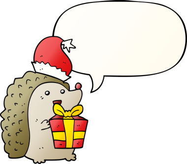 Çizgi film kirpisi, noel şapkası takıyor ve konuşma baloncuğu bir insan tarafından çizilmiş.