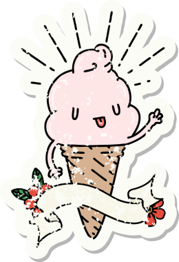 Bir insan tarafından çizilmiş eski dövme stili bir dondurma karakterinin eski bir çıkartması.