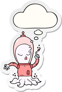 Bir insan tarafından çizilmiş bir çıkartma gibi düşünce balonu olan sevimli bir uzaylı çizgi film karakteri.