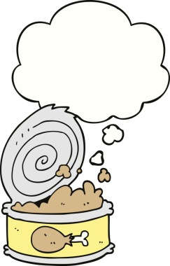 Bir insan tarafından çizilmiş düşünce baloncuklu konserve yiyecekler.