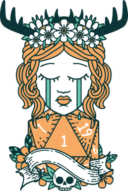 Retro Dövme Tarzı Ağlayan İnsan Druid Bir insan tarafından çizilmiş doğal bir D20 ruloyla