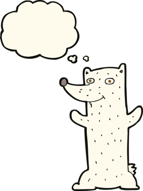 Bir insan tarafından çizilmiş düşünce baloncuklu kutup ayısı çizgi filmi.