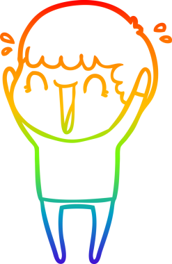 Çizgi film karakteri çizen gökkuşağı gradyanı bir insan tarafından çizilmiş sevinç için zıplıyor.