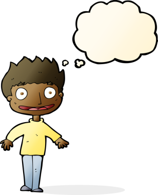 Bir insan tarafından çizilmiş düşünce baloncuğu olan heyecanlı çocuk.