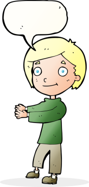 Bir insan tarafından çizilmiş konuşma balonu olan mutlu bir çocuk.