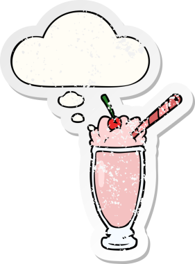 Düşünce baloncuklu karikatür milkshake 'i insan tarafından çizilmiş yıpranmış bir çıkartma gibi.