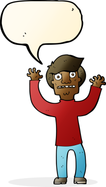 Bir insan tarafından çizilmiş, konuşma balonuyla dehşete düşmüş bir adam.