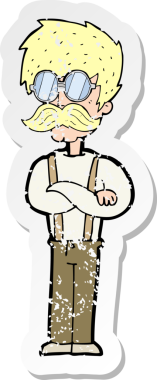 Bir insan tarafından çizilmiş bıyıklı ve gözlüklü bir hippi çizgi film karakterinin gerilimli retro yapıştırması.