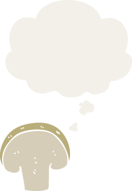 Düşünce baloncuğu olan çizgi film mantarı dilimi insan tarafından çizilmiş.