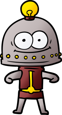 Bir insan tarafından çizilmiş ampullü mutlu karton robot.