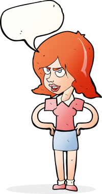 Bir insan tarafından çizilmiş konuşma baloncuğu olan ellerinin kalçasında sinir bozucu bir kadın.