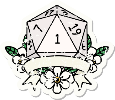 Bir insan tarafından çizilmiş doğal bir d20 zarının grunge çıkartması.