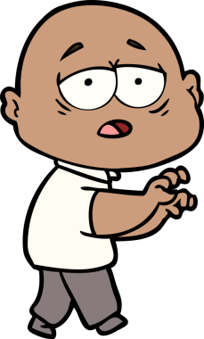 Bir insan tarafından çizilmiş yorgun, kel bir adam.