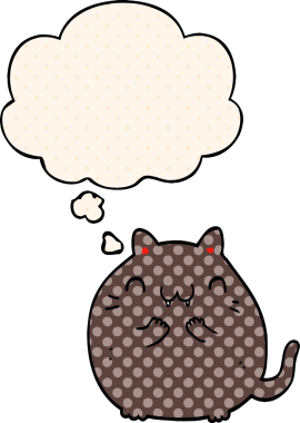 Bir insan tarafından çizilmiş çizgi roman tarzı düşünce balonu olan mutlu çizgi film kedisi.