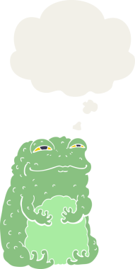 Düşünce baloncuğu olan kendini beğenmiş çizgi film karakurbağası.