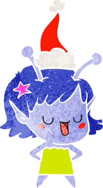 Mutlu uzaylı kız el çizimi. Bir insan tarafından çizilmiş Noel Baba şapkası.