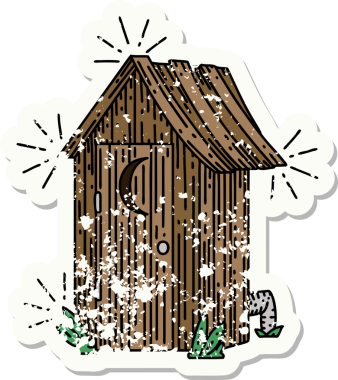 Dövme stili eski bir çıkartma. Bir insan tarafından çizilmiş açık hava tuvaleti.