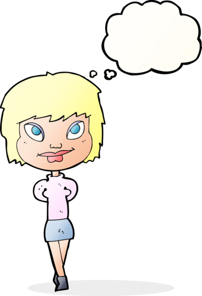 Bir insan tarafından çizilmiş düşünce balonlu mutlu kadın çizgi filmi.