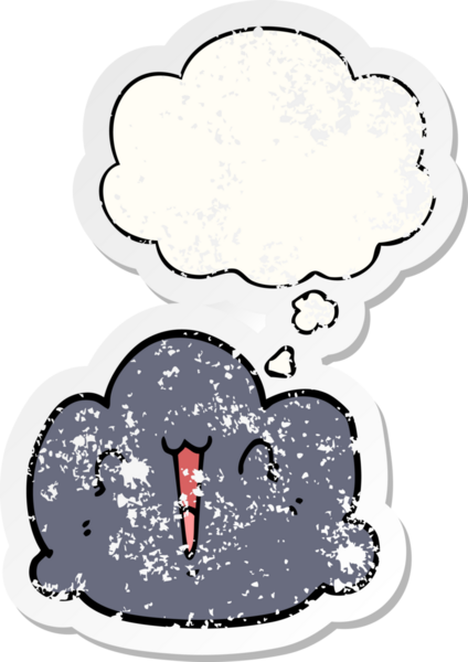 Düşünce baloncuklu mutlu bulut çizgi filmi bir insan tarafından çizilmiş yıpranmış bir çıkartma gibi.