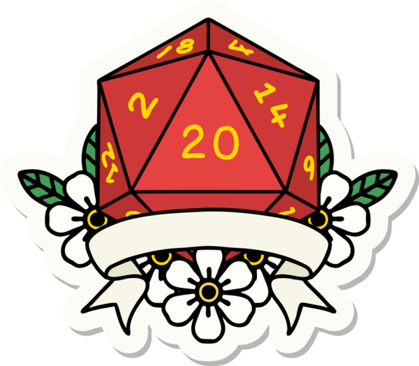 Bir insan tarafından çizilmiş 20 kritik vuruşluk D20 zar etiketi.