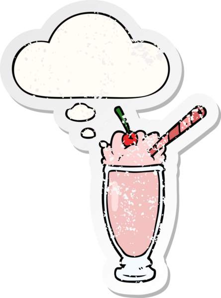 Düşünce baloncuklu karikatür milkshake 'i insan tarafından çizilmiş yıpranmış bir çıkartma gibi.