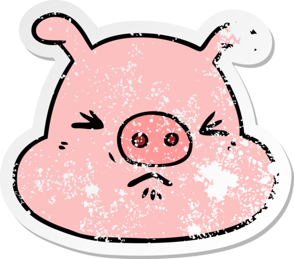 Bir insan tarafından çizilmiş kızgın domuz suratlı karikatür çıkartması.