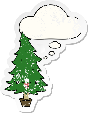 Düşünce baloncuğu olan şirin bir çizgi film Noel ağacı insan tarafından çizilmiş yıpranmış bir çıkartma.
