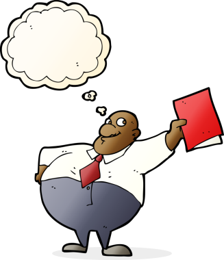 Bir insan tarafından çizilmiş düşünce balonlu mutlu patron çizgi filmi.