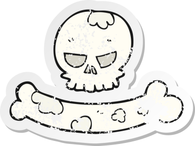 Bir insan tarafından çizilmiş karikatür kafatası ve kemik sembolünün gerilimli retro yapıştırması.