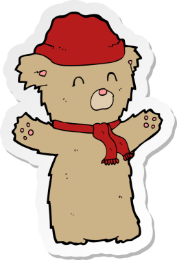 Bir insan tarafından çizilmiş şapka ve eşarplı oyuncak ayının çıkartması.