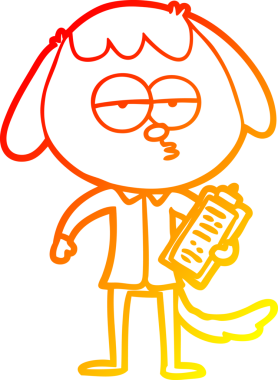 Bir insan tarafından çizilmiş, ofis kıyafetleriyle sıkılmış bir köpeğin çizgi film çizimi.